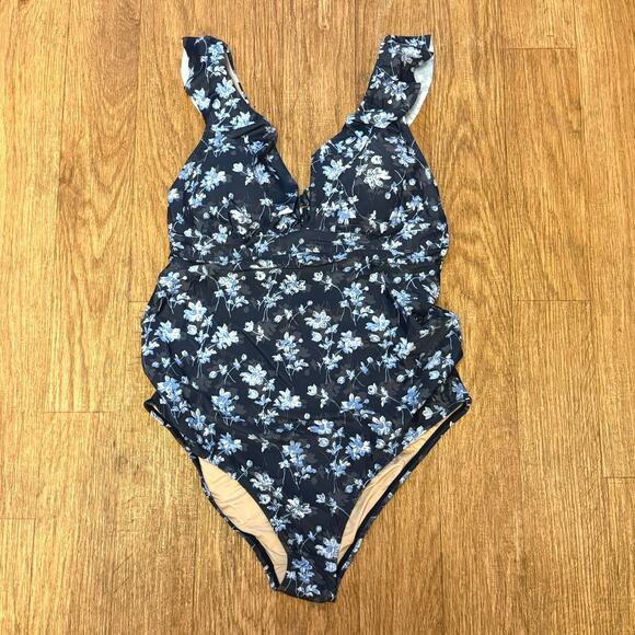 A Pea in the Pod Maternity Blue Floral Ruffle One-Piece Swimsuit Size Large - Picture 3 of 12